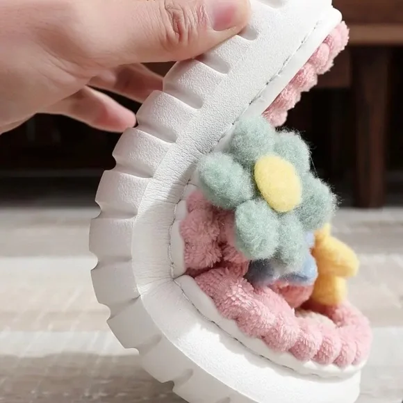 BRAND NEW SLIP-ON FLORAL SLIPPERS, White with Colorful Flowers, Very Cozy - Picture 4 of 5
